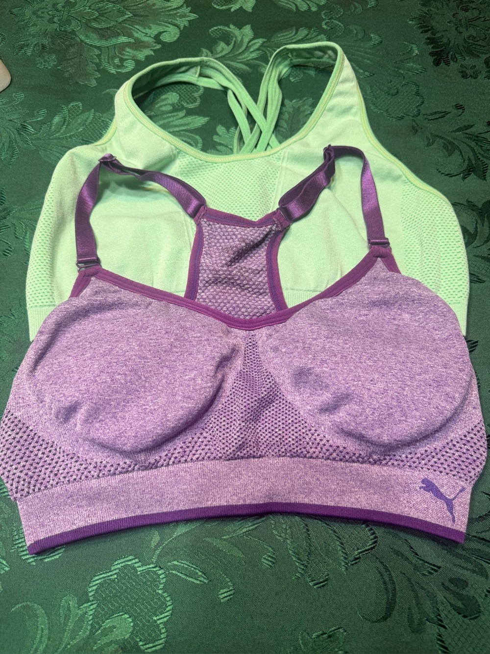 Puma Purple Sports Bra with Light Green Fabletics sports bra bundle